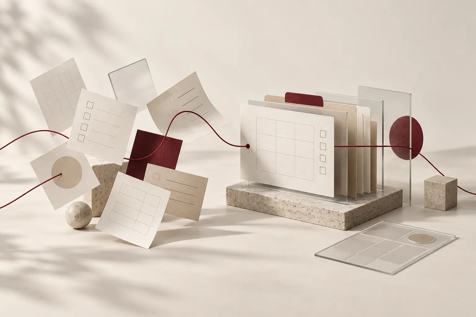 A burgundy thread connects loose paper cards to an ordered stack of cards and glass panels on a stone base.