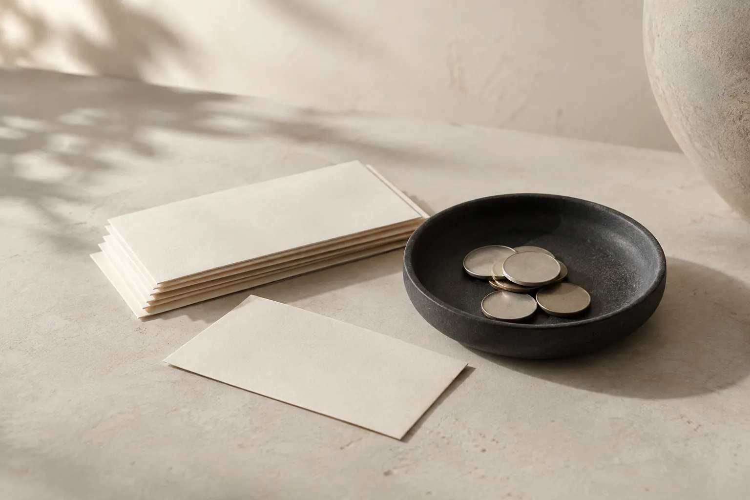 A dark bowl holding coins beside a stack of blank paper cards on a pale stone surface.